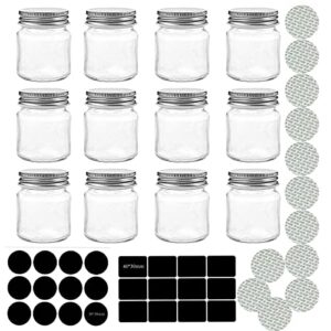 immttyy 12pack 2oz mini wide mouth mason jar shot glasses with metal lids, perfect for home bar, man cave or she shed great stocking stuffer, party favor, honey, jam, jelly, with 24 labels