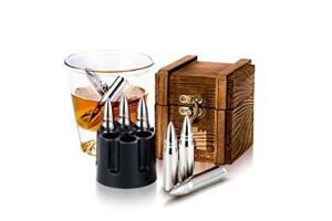 whiskey bullet stones with wooden gift set box, stainless steel whisky rocks, reusable ice cube metal ice, gifts for men dad, whiskey gifts for men , father’s day stocking stuffer,