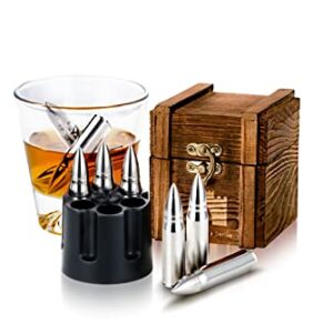 Whiskey Bullet Stones with Wooden Gift Set Box, Stainless Steel Whisky Rocks, Reusable ice Cube Metal Ice, Gifts for Men Dad, whiskey gifts for men , Father's Day Stocking Stuffer,