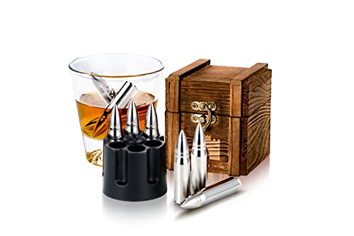 Whiskey Bullet Stones with Wooden Gift Set Box, Stainless Steel Whisky Rocks, Reusable ice Cube Metal Ice, Gifts for Men Dad, whiskey gifts for men , Father's Day Stocking Stuffer,