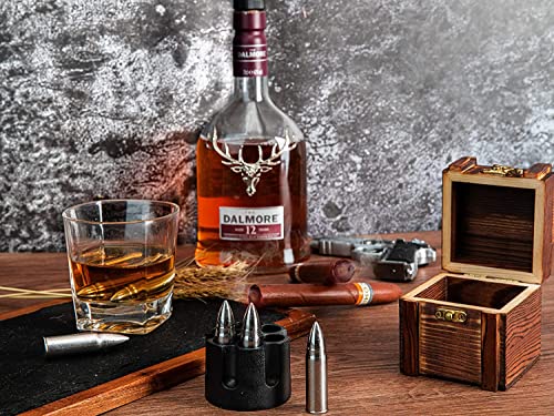 Whiskey Bullet Stones with Wooden Gift Set Box, Stainless Steel Whisky Rocks, Reusable ice Cube Metal Ice, Gifts for Men Dad, whiskey gifts for men , Father's Day Stocking Stuffer,