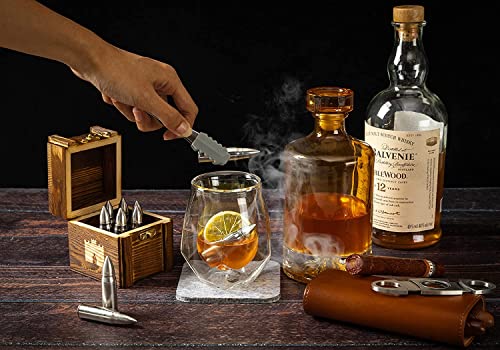 Whiskey Bullet Stones with Wooden Gift Set Box, Stainless Steel Whisky Rocks, Reusable ice Cube Metal Ice, Gifts for Men Dad, whiskey gifts for men , Father's Day Stocking Stuffer,