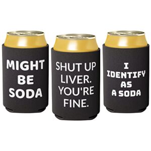 foldable, waterproof soda can cover 3 pack, i identify as soda, shut up liver you’re fine, might be soda. funny coolie gag gift for men. ideal stocking stuffer, white elephant or party favor