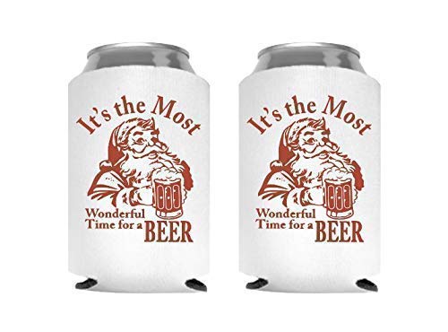 Funny Christmas Santa Beer Can Cooler Stocking Stuffer Party Favor Gift for Men Adult- Set of 2 (Its the Most Wonderful Time for a Beer)