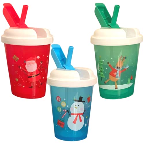 GCM Christmas Theme Mini Tumblers with Straw 15 fl oz Each, Holiday Birthday Party Event Drinking Bottle Cup Gift for Men Women Friends, 5"H - Set of 3 with 1 Exclusive Grancie's Stocking Stuffer