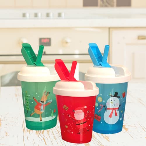 GCM Christmas Theme Mini Tumblers with Straw 15 fl oz Each, Holiday Birthday Party Event Drinking Bottle Cup Gift for Men Women Friends, 5"H - Set of 3 with 1 Exclusive Grancie's Stocking Stuffer