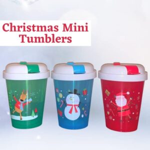 GCM Christmas Theme Mini Tumblers with Straw 15 fl oz Each, Holiday Birthday Party Event Drinking Bottle Cup Gift for Men Women Friends, 5"H - Set of 3 with 1 Exclusive Grancie's Stocking Stuffer