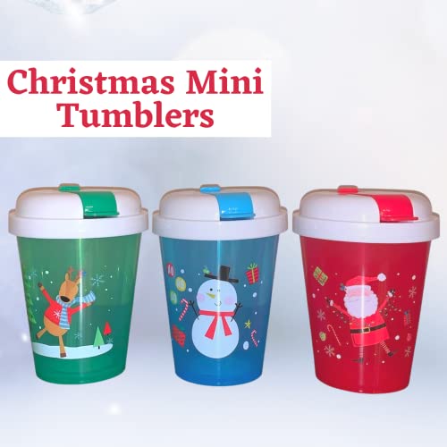 GCM Christmas Theme Mini Tumblers with Straw 15 fl oz Each, Holiday Birthday Party Event Drinking Bottle Cup Gift for Men Women Friends, 5"H - Set of 3 with 1 Exclusive Grancie's Stocking Stuffer