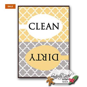 Clean Dirty Dishwasher Magnet Sign - Modern Elegant Moroccan Trellis Pattern - Yellow Gold Grey - 2.5 x 3.5 - Housewarming, Gag Gift Idea for Mom Dad/Christmas Stocking Stuffers for Women Men Teens