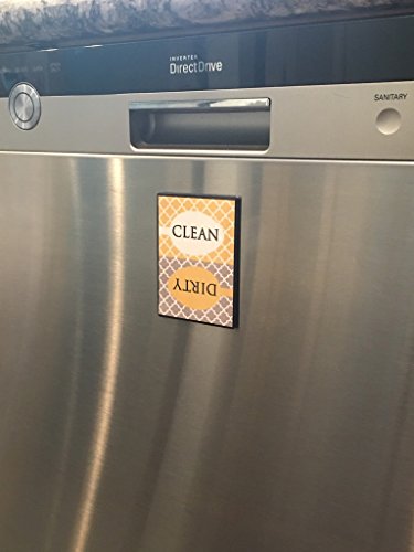 Clean Dirty Dishwasher Magnet Sign - Modern Elegant Moroccan Trellis Pattern - Yellow Gold Grey - 2.5 x 3.5 - Housewarming, Gag Gift Idea for Mom Dad/Christmas Stocking Stuffers for Women Men Teens