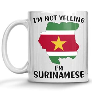 funny suriname pride coffee mugs, i’m not yelling i’m surinamese mug, gift idea for surinamese men and women featuring the country map and flag, proud patriot souvenirs and gifts