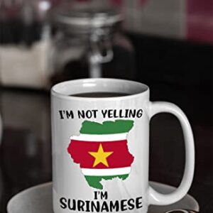 Funny Suriname Pride Coffee Mugs, I'm Not Yelling I'm Surinamese Mug, Gift Idea for Surinamese Men and Women Featuring the Country Map and Flag, Proud Patriot Souvenirs and Gifts