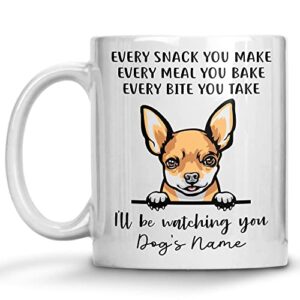 personalized deer head chihuahua coffee mug, every snack you make i’ll be watching you, customized dog mugs for mom dad, gifts for dog lover, mothers day, fathers day, birthday presents