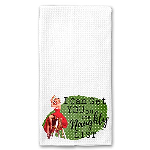 I can Get you on the Naughty List Funny Vintage 1950's Housewife Pin-up Girl Waffle Weave Microfiber Towel Kitchen Linen Stocking Stuffer Holiday Christmas Gift