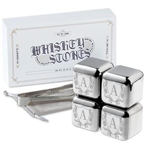 Whiskey Stones Gifts Set with Initial for Men & Women, 4pcs Stainless Steel Whiskey Rocks with Pouch and Tong, Chilling Ice Cubes Initial Gifts for Whiskey Lovers, Dad, Mom, Grandpa, Uncle - A