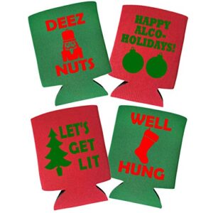 christmas coolies – funny holiday can cooler pack of 4 – alcohol gift for christmas party, white elephant, or stocking stuffer