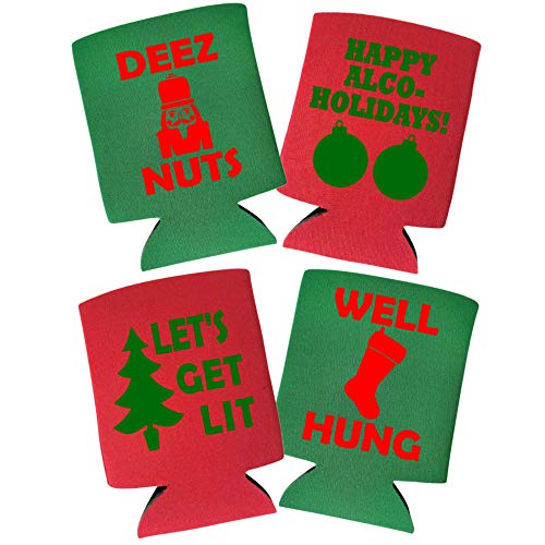 Christmas Coolies - Funny Holiday Can Cooler Pack of 4 - Alcohol Gift for Christmas Party, White Elephant, or Stocking Stuffer