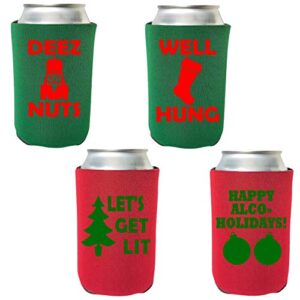 Christmas Coolies - Funny Holiday Can Cooler Pack of 4 - Alcohol Gift for Christmas Party, White Elephant, or Stocking Stuffer