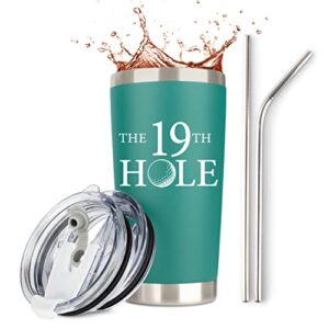 jenvio gifts for golfers | the 19th hole | stainless steel travel tumbler with 2 lids 2 straws gift box and card | unique cool funny valentines golf stocking stuffers husband dad stuff cup