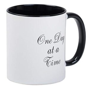 one day at a time black script mug – ceramic ringer 11oz coffee/tea cup gift stocking stuffer