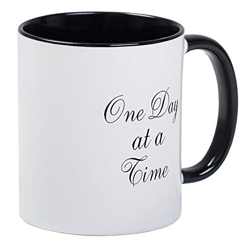 One Day At A Time Black Script Mug - Ceramic RINGER 11oz Coffee/Tea Cup Gift Stocking Stuffer