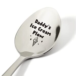 dad gift ideas, daddy’s ice cream plow spoon engraved stainless steel present, novelty ice cream lovers food gifts for men him birthday xmas, 7.5″