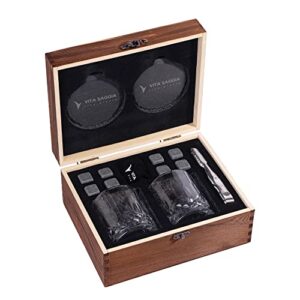 luxury whiskey glass set of 2, gift set in wooden box, includes 8 whiskey ice stones, velvet bag and stainless steel tongs. great gift for men, dad, christmas.. no coasters