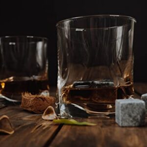 Luxury Whiskey Glass Set of 2, Gift Set in Wooden Box, Includes 8 Whiskey Ice Stones, Velvet Bag and Stainless Steel Tongs. Great Gift for Men, Dad, Christmas.. NO Coasters