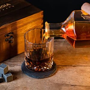 Luxury Whiskey Glass Set of 2, Gift Set in Wooden Box, Includes 8 Whiskey Ice Stones, Velvet Bag and Stainless Steel Tongs. Great Gift for Men, Dad, Christmas.. NO Coasters