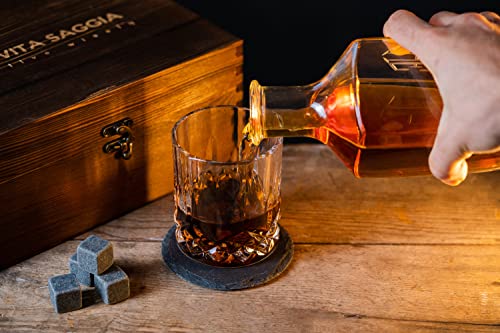 Luxury Whiskey Glass Set of 2, Gift Set in Wooden Box, Includes 8 Whiskey Ice Stones, Velvet Bag and Stainless Steel Tongs. Great Gift for Men, Dad, Christmas.. NO Coasters