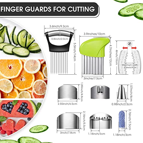 Romooa 11 Pieces Finger Guard Set for Cutting Include 4 Stainless Steel Knife Protector 2 Thumb Cots Potato Butter Lettuce Crinkle Cutter Onion Holder Slicer Mandoline