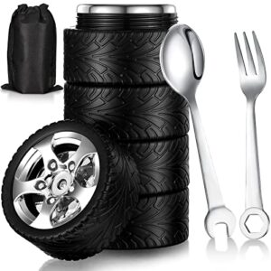 Yungyan 3 Pieces Tyre Water Bottle Gift for Man Stainless Steel Coffee Tea Mug Mechanic Gifts with Tool Fork and Spoon for Christmas Car Lover Father Birthday Gift