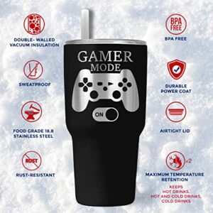 Gaming Mugs for Men - Gamer Mode ON - 30oz Stainless Steel Tumbler with Lid and Silicone Straw | Funny Gifts For Gamers Idea Gamer Cup - Video Gamer Mug Boys - Nerd Gifts