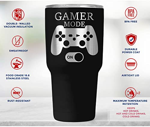 Gaming Mugs for Men - Gamer Mode ON - 30oz Stainless Steel Tumbler with Lid and Silicone Straw | Funny Gifts For Gamers Idea Gamer Cup - Video Gamer Mug Boys - Nerd Gifts