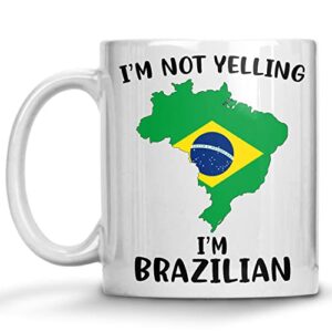 funny brazil pride coffee mugs, i’m not yelling i’m brazilian mug, gift idea for brazilian men and women featuring the country map and flag, proud patriot souvenirs and gifts