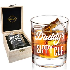 lighten life daddy’s sippy cup whiskey glass,unique dad gift in valued wooden box,funny gag gift for new dad,father,husband from kids wife for father’s day,birthday,12 oz old fashioned glass for men