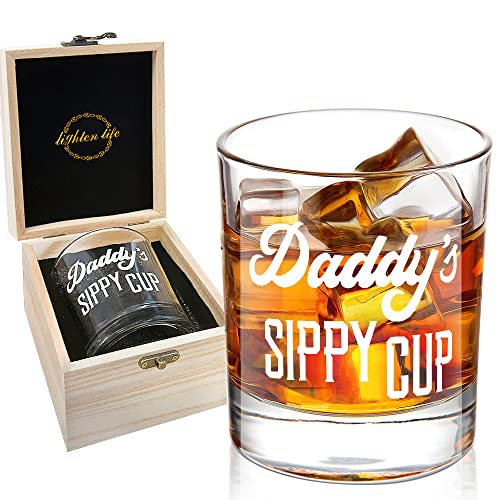 LIGHTEN LIFE Daddy's Sippy Cup Whiskey Glass,Unique Dad Gift in Valued Wooden Box,Funny Gag Gift for New Dad,Father,Husband from Kids Wife for Father's Day,Birthday,12 oz Old Fashioned Glass for Men