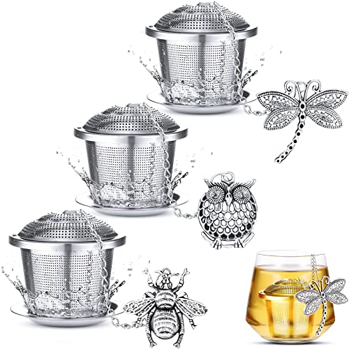 Tea Infusers for Loose Tea 3 Sets Loose Leaf Tea Steeper Tea Strainer Stainless Steel Tea Ball for Loose Tea Holder Tea Mesh Strainer Tea Filters with Drip Trays and Pendant (Insects Style)