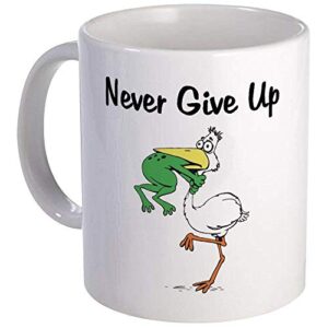 never give up stork and frog mug – ceramic 11oz coffee/tea cup gift stocking stuffer