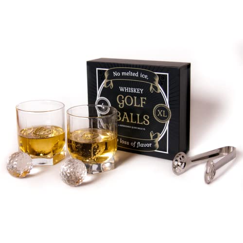 Golf Ball Whiskey Stones Gift Set for Men, Husband Dad, Brother, Boyfriend; Chillers Golfers, Reusable Ice Cubes, Glass Chilling Rocks; of 4 Rocks with Tongs, X-Large (ARIDON002)