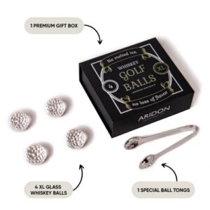 Golf Ball Whiskey Stones Gift Set for Men, Husband Dad, Brother, Boyfriend; Chillers Golfers, Reusable Ice Cubes, Glass Chilling Rocks; of 4 Rocks with Tongs, X-Large (ARIDON002)