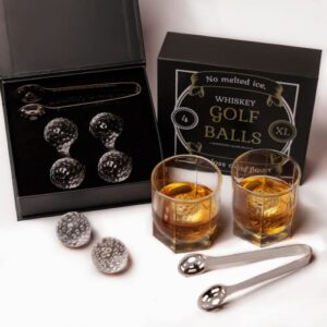 Golf Ball Whiskey Stones Gift Set for Men, Husband Dad, Brother, Boyfriend; Chillers Golfers, Reusable Ice Cubes, Glass Chilling Rocks; of 4 Rocks with Tongs, X-Large (ARIDON002)