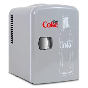 coca-cola diet coke 4l portable cooler/warmer, compact personal travel fridge for snacks lunch drinks cosmetics, includes 12v and ac cords, cute desk accessory for home office dorm travel, grey