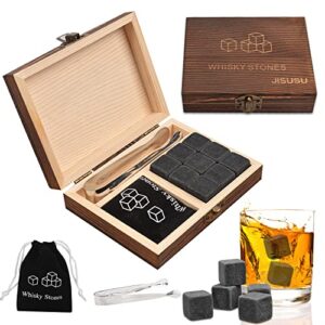 JISUSU Whiskey Stones Gift Set ，9 Whiskey Rocks Chilling Stones in Luxury Wooden Gift Box with Stainless Steel Tongs and Velvet Pouch