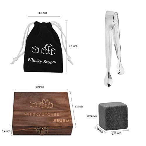 JISUSU Whiskey Stones Gift Set ，9 Whiskey Rocks Chilling Stones in Luxury Wooden Gift Box with Stainless Steel Tongs and Velvet Pouch