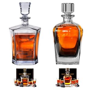 whiskey decanter set for men with 4 drinking glasses and 9 whisky stones – christmas gift 2023 – (old fashion glass 25 oz. and modern glass 25 oz.)