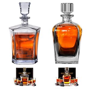 Whiskey Decanter Set for Men with 4 Drinking Glasses and 9 Whisky Stones – Christmas Gift 2023 – (Old Fashion Glass 25 oz. and Modern Glass 25 oz.)