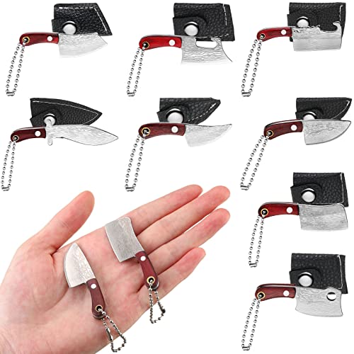 Nuogo 8 Pcs Mini Knifes Damascus Pocket Knife Set Tiny Chef Knife Mini Box Cutter Keychain Butcher Cleaver Stainless Steel with Bottle Opener Sheath Chain for Package Opener Box Cutter