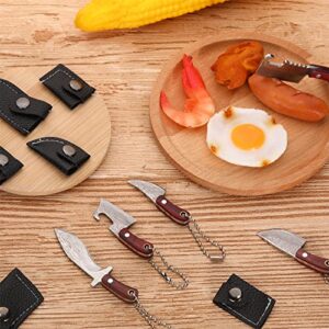 Nuogo 8 Pcs Mini Knifes Damascus Pocket Knife Set Tiny Chef Knife Mini Box Cutter Keychain Butcher Cleaver Stainless Steel with Bottle Opener Sheath Chain for Package Opener Box Cutter