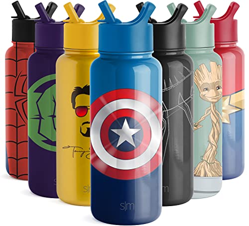 Simple Modern Marvel Water Bottle with Straw Lid Vacuum Insulated Stainless Steel Metal Thermos | Gifts for Women Men Reusable Leak Proof Flask | Summit Collection | 32oz Captain America Shield